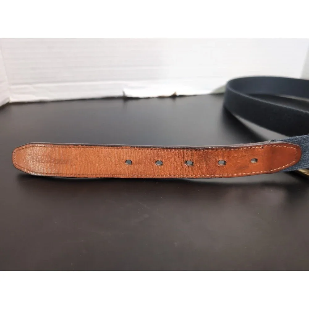 VINTAGE L.L.BEAN Navy Web Belt Sz 30 Brown Leather Solid Brass Buckle Made USA